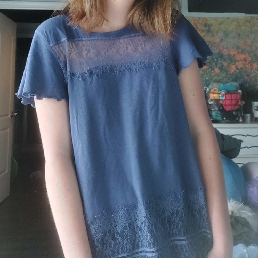 Blue Linen and Lace Top